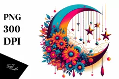 Vibrant Half Moon with Hanging Stars, PNG Product Image 1