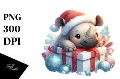 Cute Winter Baby Rhino by Gift Box, White Background PNG Product Image 3