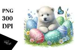 Baby Polar Bear in Grass with Easter Eggs, PNG Product Image 1