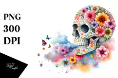 Colorful Cute Skull with Spring Flowers PNG Product Image 1