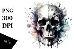 Watercolor Digital Skull with Splashes PNG Product Image 1