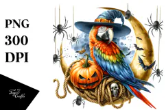 Exotic Macaw on Half Moon with Spiders PNG Product Image 1