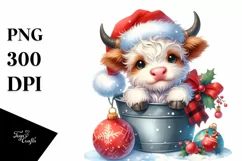 Whimsical Pastel Cute Highland Baby Cow with Santa Hat PNG Product Image 1