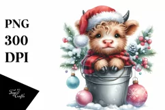 Whimsical Pastel Cute Highland Baby Cow with Santa Hat PNG Product Image 1