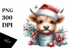 Whimsical Pastel Cute Highland Baby Cow with Santa Hat PNG Product Image 1