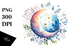 Vibrant Whimsical Moon with Foliage Stars PNG Product Image 1