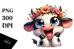 Cartoony Cow with Flower Crown PNG Product Image 1
