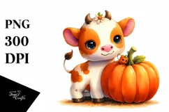 Cute Baby Cow with Pumpkin Clipart Product Image 1