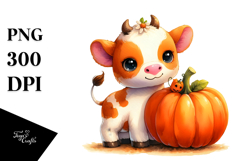 Cute Baby Cow with Pumpkin Clipart Product Image 1