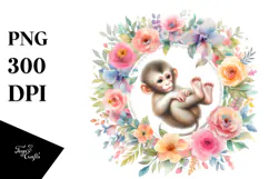 Baby Monkey Floral Frame Watercolor Pastel Clipart Product Image 1