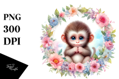 Baby Monkey Floral Frame Watercolor Pastel Clipart Product Image 1