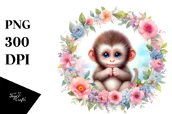 Baby Monkey Floral Frame Watercolor Pastel Clipart Product Image 1
