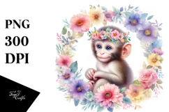 Baby Monkey Floral Frame Watercolor Pastel Clipart Product Image 1