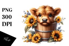 Cute Baby Highland Cow with Sunflower PNG Product Image 1