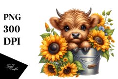 Centered Cute Baby Highland Cow with Flowers PNG Product Image 1