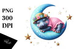 Baby Hippo Summer Moon Stars Clipart Product Image 1