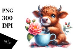 Cute Highland Cow with Camellia | Clipart Product Image 1