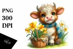 Smiling Highland Cow Daffodil Basket | Sublimation Clipart Product Image 1