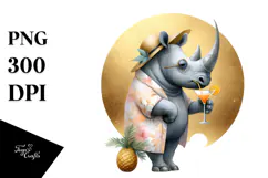 Rhino Wearing Beachwear Drinking a Cocktail, PNG Product Image 1