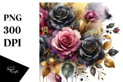 Watercolor Colorful Black Roses with Gold | Clipart Product Image 1