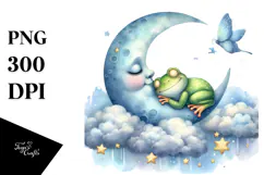 Baby Frog Sleeping on Moon and Cloud PNG Product Image 1