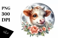 Cute Highland Cow with Rose on Moon | Clipart Product Image 1