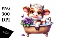 Cute Highland Cow with Violet in Bath Tub | Clipart Product Image 1