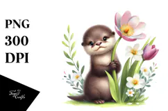 Baby Otter on Spring Flower PNG Product Image 1