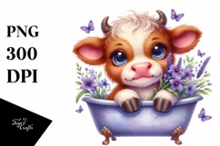 Cute Highland Cow with Violet in Bath Tub | Clipart Product Image 1
