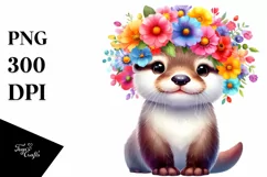 Cute Cartoon-Style Watercolor Otter Vibrant Colors Flower Product Image 1