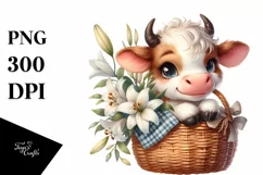 Cute Highland Cow with Lily in Basket | Clipart Product Image 3