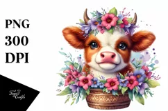 Cute Highland Cow with Lobelia in Recipient | Clipart Product Image 1