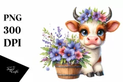 Cute Highland Cow with Lobelia in Recipient | Clipart Product Image 3