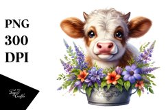 Cute Highland Cow with Lobelia in Recipient | Clipart Product Image 1