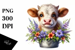 Cute Highland Cow with Lobelia in Recipient | Clipart Product Image 1
