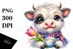 Cute Highland Cow with Tulip in Cup | Clipart Product Image 1