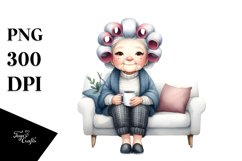 Old Lady Sitting on Sofa with Mug | Clipart Product Image 1