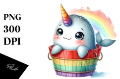 Colorful Smiling Baby Narwhal in Wooden Bucket Clipart Product Image 1