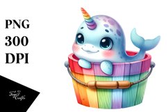 Colorful Smiling Baby Narwhal in Wooden Bucket Clipart Product Image 1