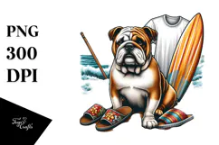 Watercollor Bulldog Sitting in Sand with Surf and Slippers Product Image 1