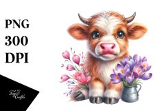 Cute Highland Cow with Crocus in Vase | Clipart Product Image 3