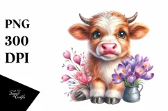 Cute Highland Cow with Crocus in Vase | Clipart Product Image 3