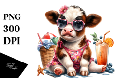 Baby Cow in Beachwear, Digital Watercolor PNG Product Image 1