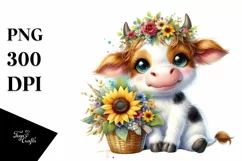 Cute Highland Cow with Sunflower in Basket | Clipart Product Image 1