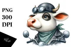Watercolor Cow with Biker Hat and Big Eyes | Clipart Product Image 1