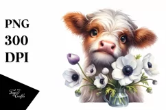 Cute Highland Cow with Anemone in Vase | Clipart Product Image 3