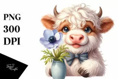 Cute Highland Cow with Anemone in Vase | Clipart Product Image 3