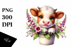 Cute Highland Cow with Foxglove in Recipient | Clipart Product Image 3