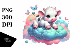 Colorful Baby Cow on Cloud Puff PNG Product Image 1