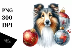Cute Collie with Christmas Globes PNG Product Image 3